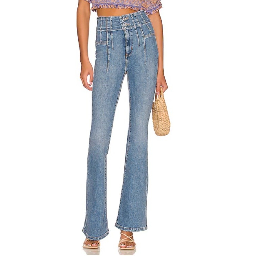 Free People We The Free Jayde Flare Jeans High Rise Corset Waist Blue Denim 28